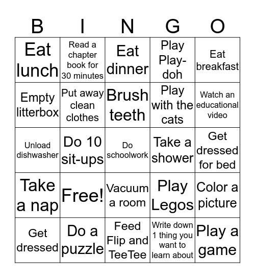 Daily Activities Bingo Card