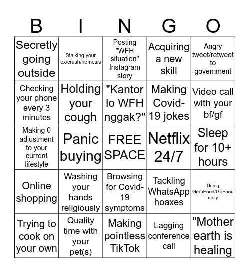 Self Quarantine Bingo Card