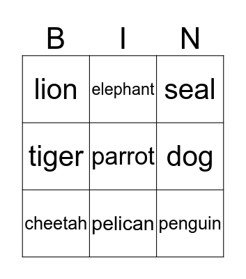 Animals  Bingo Card