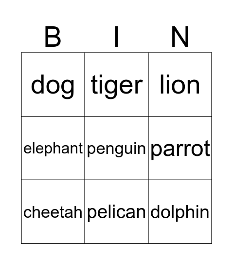 Animals Bingo Card