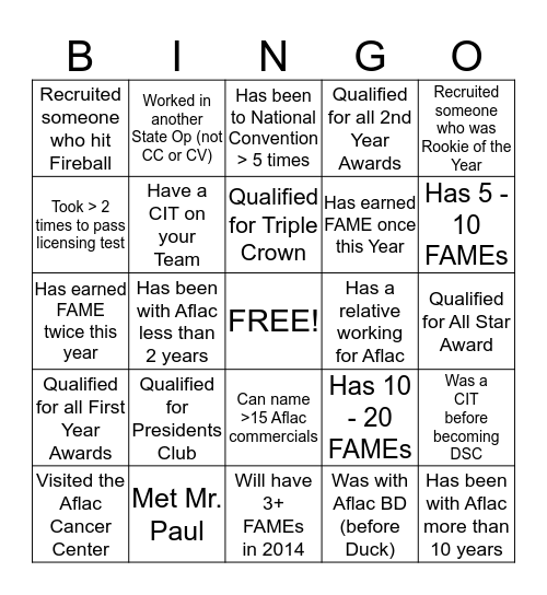 Cal Central Calvary Coordinators Bingo Card