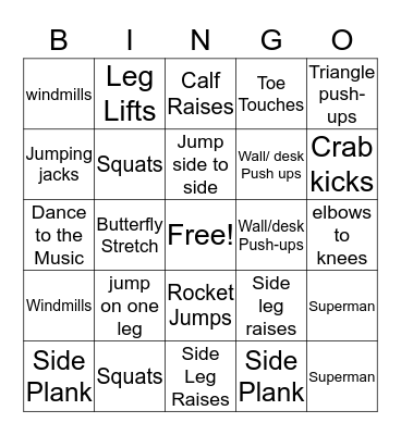 Ridgeview Exercise Bingo  Bingo Card