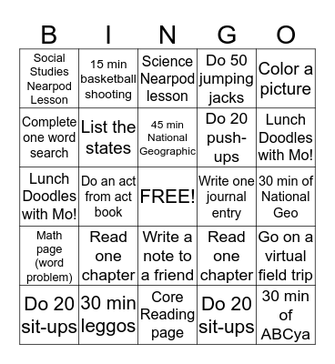 School Day Bingo Card