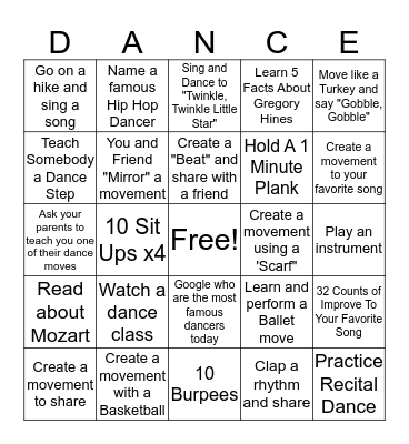 Dance Bingo Card
