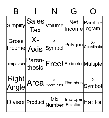 Math Vocabulary Bingo Card