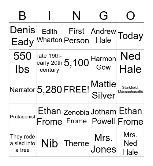 Ethan Frome Bingo Card