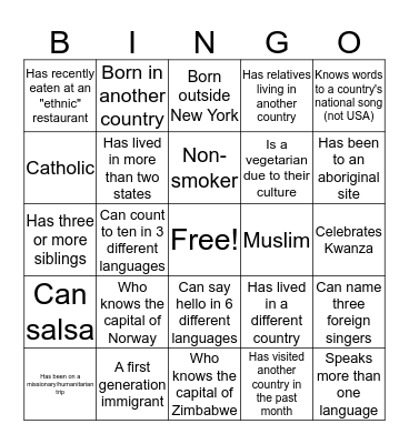Diversity Bingo Card