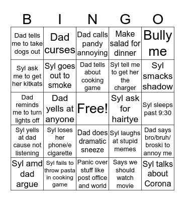 Things Syl and Dad will do Bingo Card