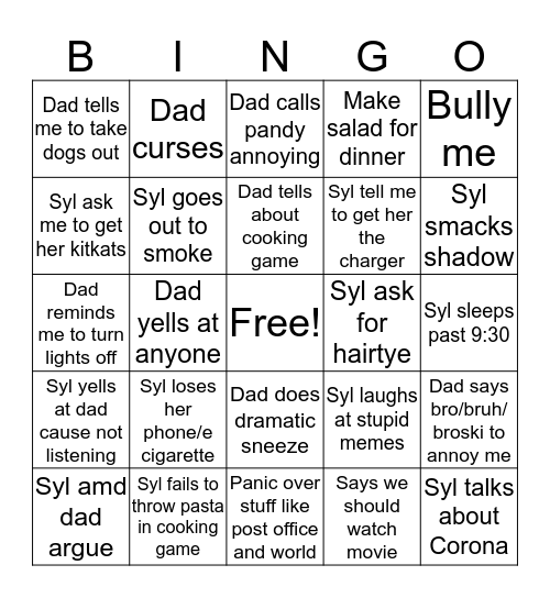 Things Syl and Dad will do Bingo Card