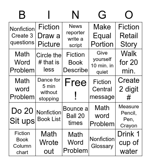 Learning At Home Bingo Card