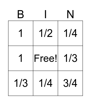 fractions Bingo Card