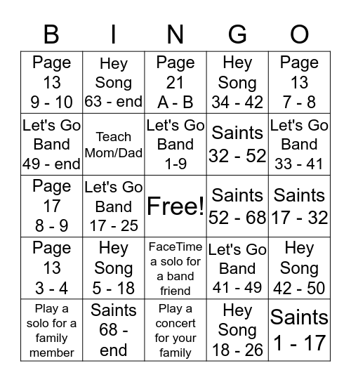 Padawan Practice Bingo Card
