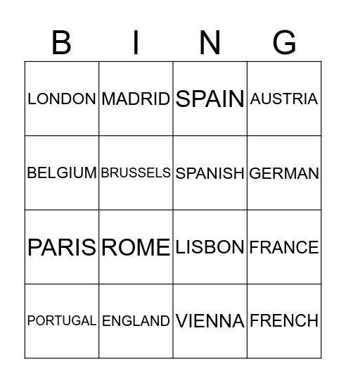 COUNTRIES, CAPITALS AND LANGUAGES Bingo Card