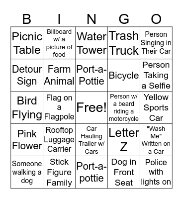 Car Scavenger Hunt Bingo Card