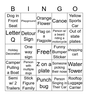Car Scavenger Hunt Bingo Card