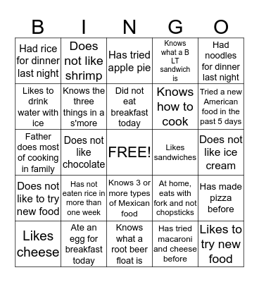 Food Bingo Card