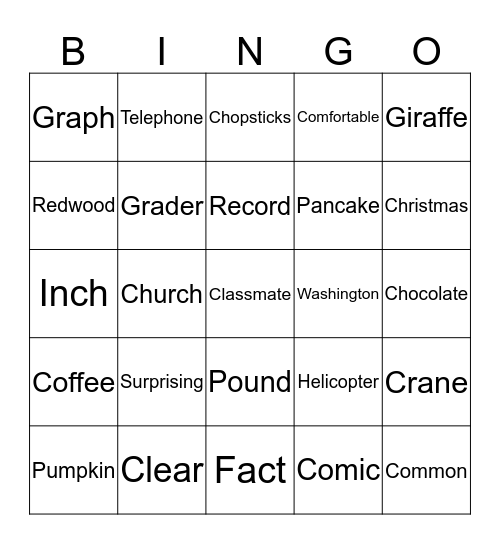 Spelling Bingo Card