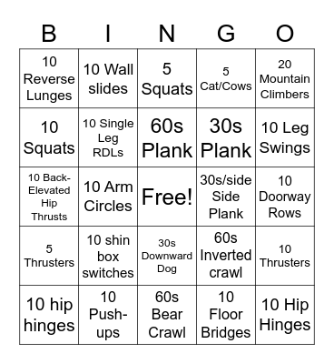 Fitness Bingo Card