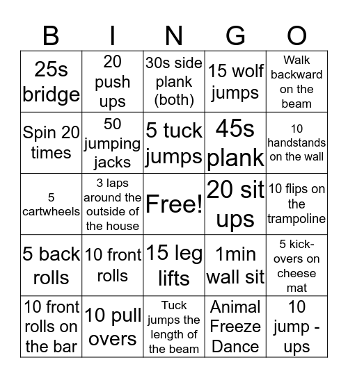 Gymnastics Bingo Card