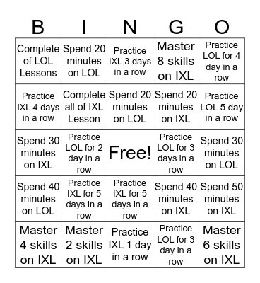 IxL Bingo Card