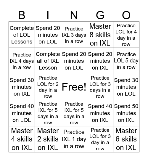 IxL Bingo Card