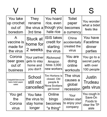 Coronavirus Bingo Vancouver Version Bingo Card