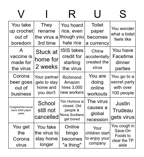 Coronavirus Bingo Vancouver Version Bingo Card
