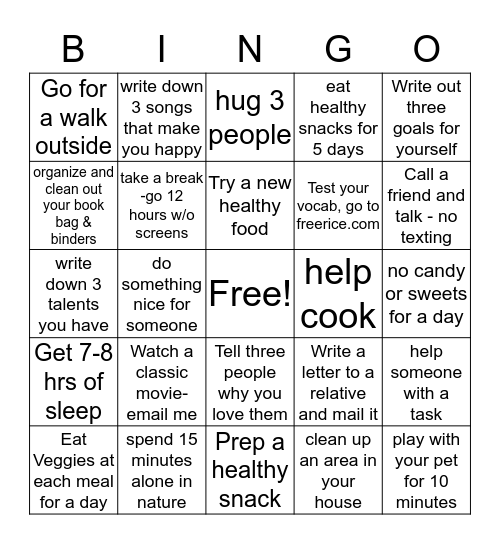 Healthy Habits Bingo Card