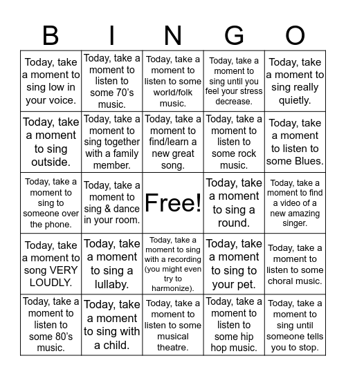 Today Take A Moment To Sing - Bingo Card