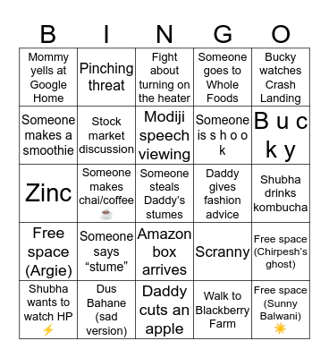 Scary Family Bingo Card