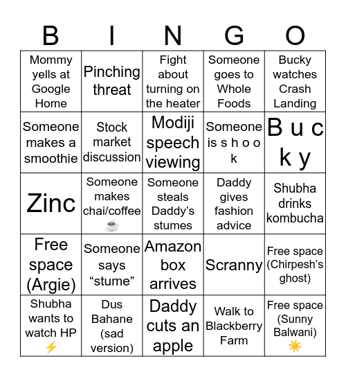 Scary Family Bingo Card