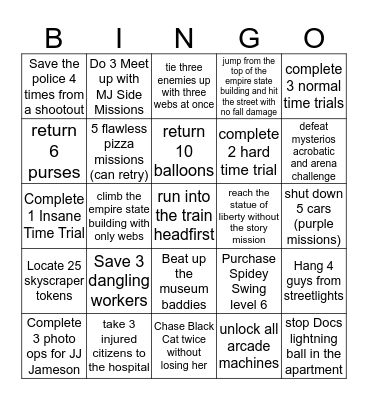 Spiderman 2 Bingo Card