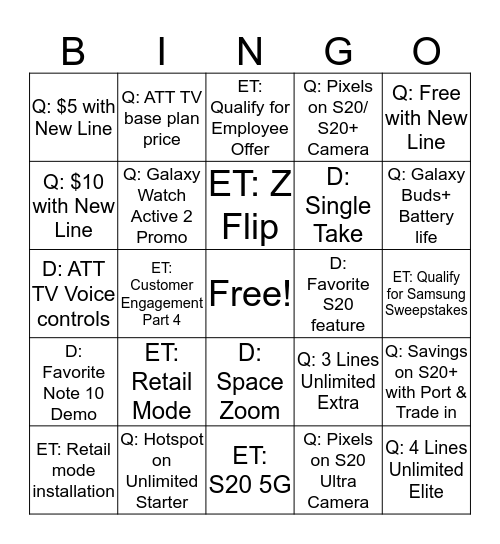 ATT / Samsung Bingo Card