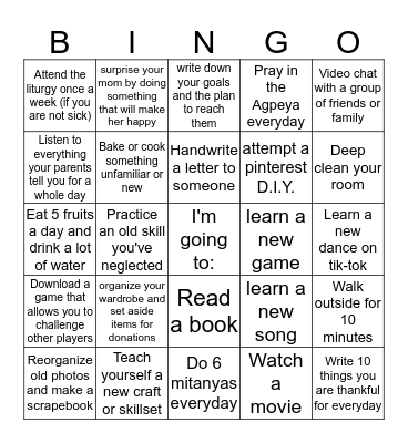 Self-Isolation  Bingo Card