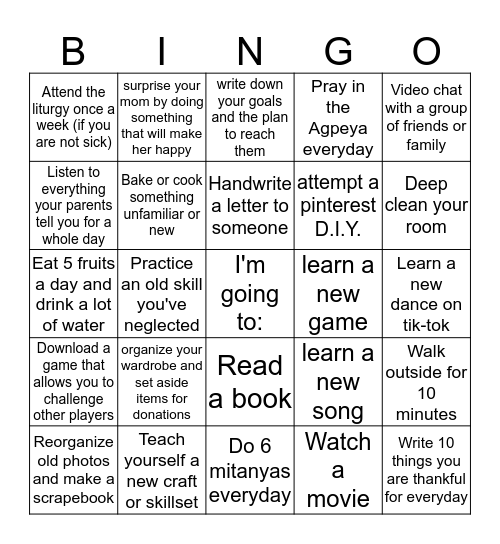 Self-Isolation  Bingo Card