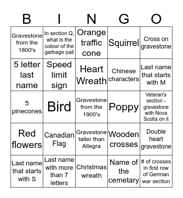 Graveyard Bingo Card