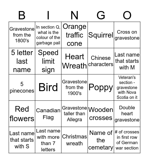 Graveyard Bingo Card