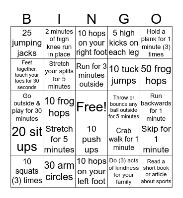 Elementary Homeschool P.E. Bingo Card