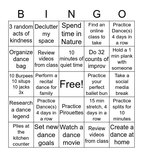 Let's Dance!  Bingo Card