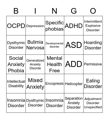 Mental Health Bingo Card