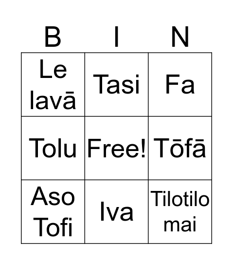 Gagana Sāmoa (10SAM) Bingo Card