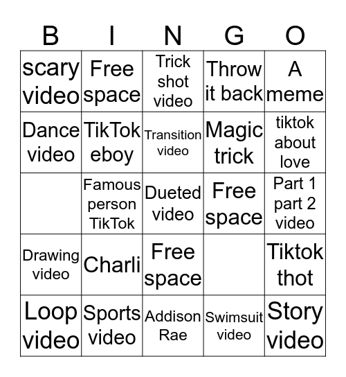 Tik Tok Bingo Card