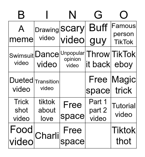 Tik Tok Bingo Card