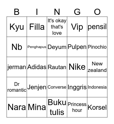 Jenjen Bingo Card