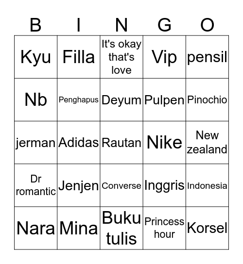 Jenjen Bingo Card