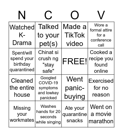 Quarantine Bingo Card