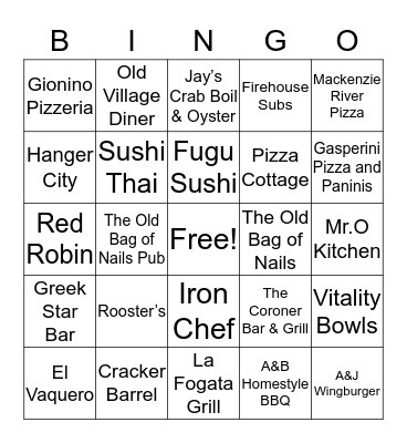 Support Local Restaurant’s  Bingo Card