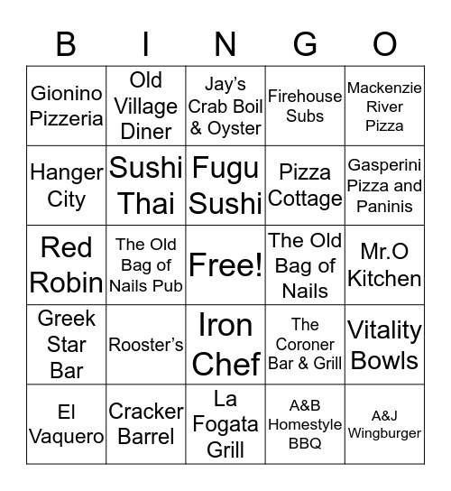 Support Local Restaurant’s  Bingo Card