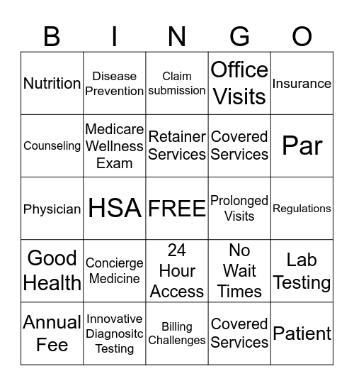 Concierge Medicine Bingo Card