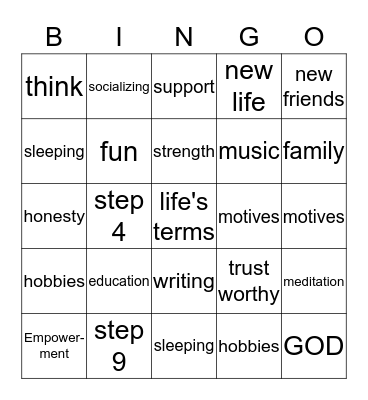 RECOVERY Bingo Card